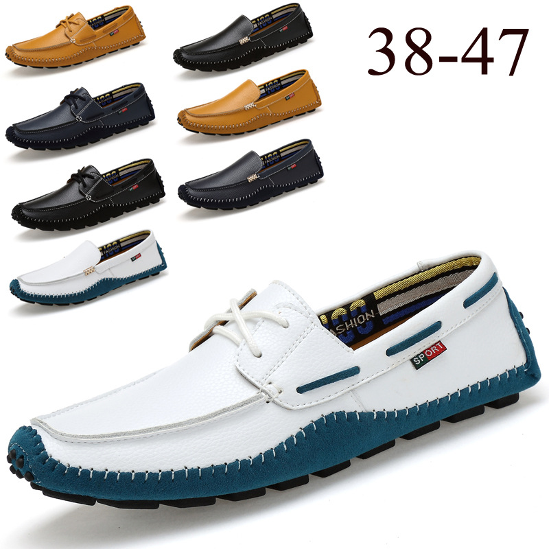 新品韩版大码驾车鞋无胶水头层牛皮男士豆豆鞋司机鞋系带休闲皮鞋|ru