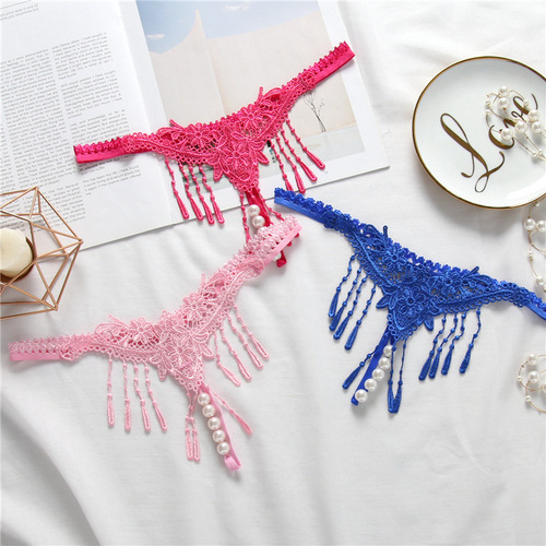 Sexy embroidered transparent underwear for women with tassels, seductive pearl massage, low-waist sexy underwear, open profile, ultra-thin, hot and sexy