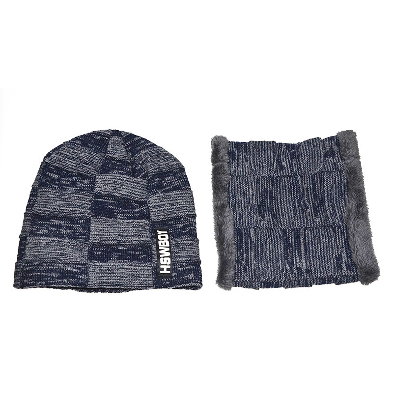Sombrero de lana de punto de moda sombrero de invierno forrado de lana cálido contraste color Plaid pullover sombrero bufanda sombrero de invierno de dos piezas