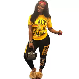 Women's Fashion Casual Letter Printed Pants Suit - Yellow - View 1