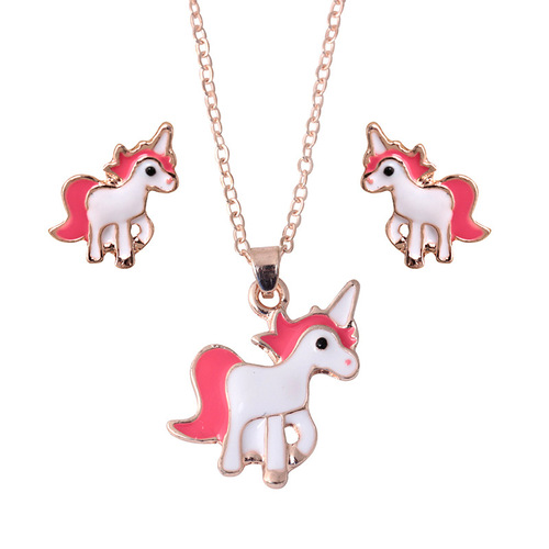 Wish Hot Selling Fashion Colorful Pony Painted Oil Necklace Set Cartoon Creative Animal Earrings Pendant Accessories Wholesale