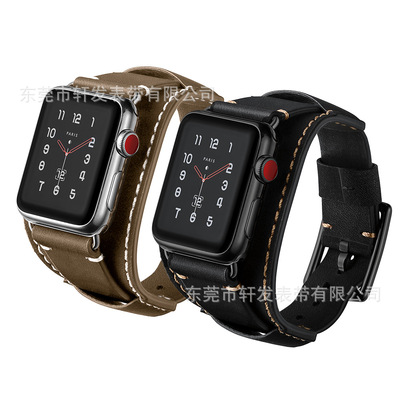 適用蘋果apple watch123456手表表帶新款瘋馬皮手镯表帶頭層牛皮