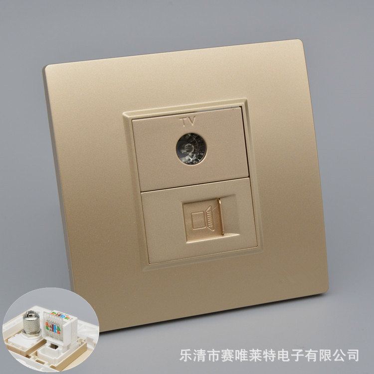86型电视电脑插座开关 六类网线有线电视网络闭路电视TV插座 金色