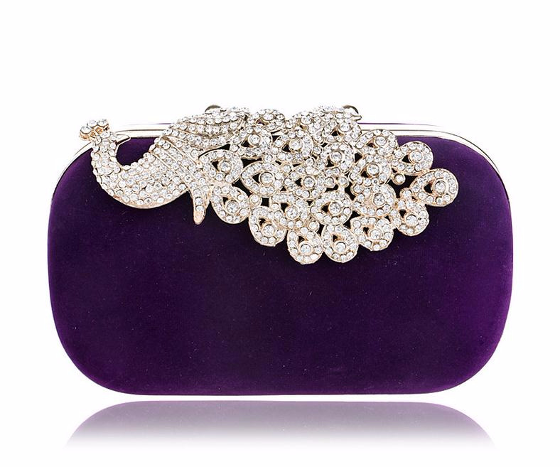 Túi clutch dạ tiệc hình chim công đính đá – tay cầm và dây xích rời — Màu đỏ, Màu tím, Màu xanh lam, Màu đen