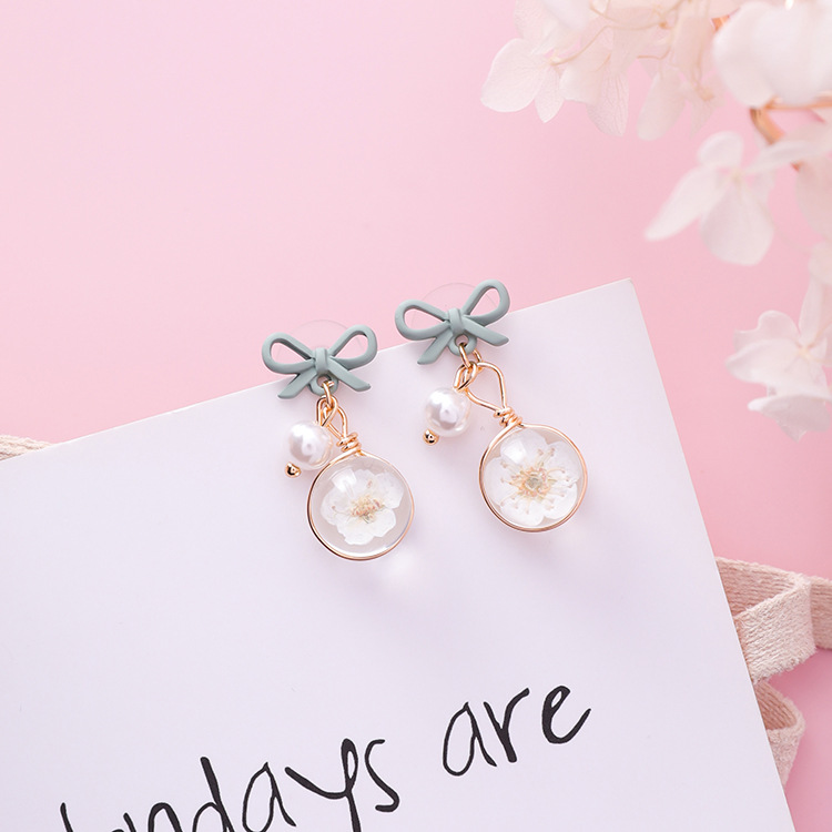 Bow Pearl Flower Earrings Sweet Glazed Cherry Blossom Bulb Earrings display picture 8