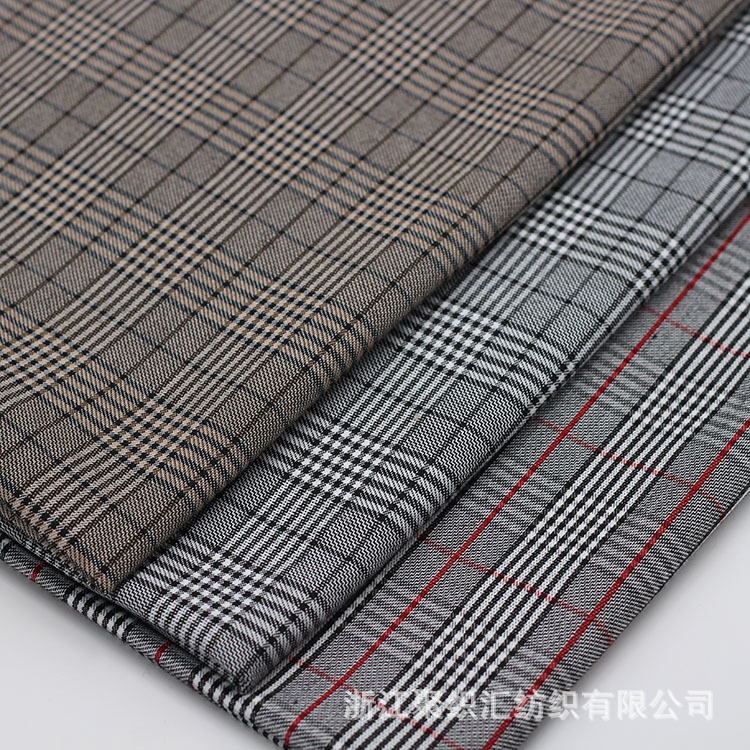 产地货源爆款经典暗格面料 全涤带弹梭织灰色咖啡色格子布J340