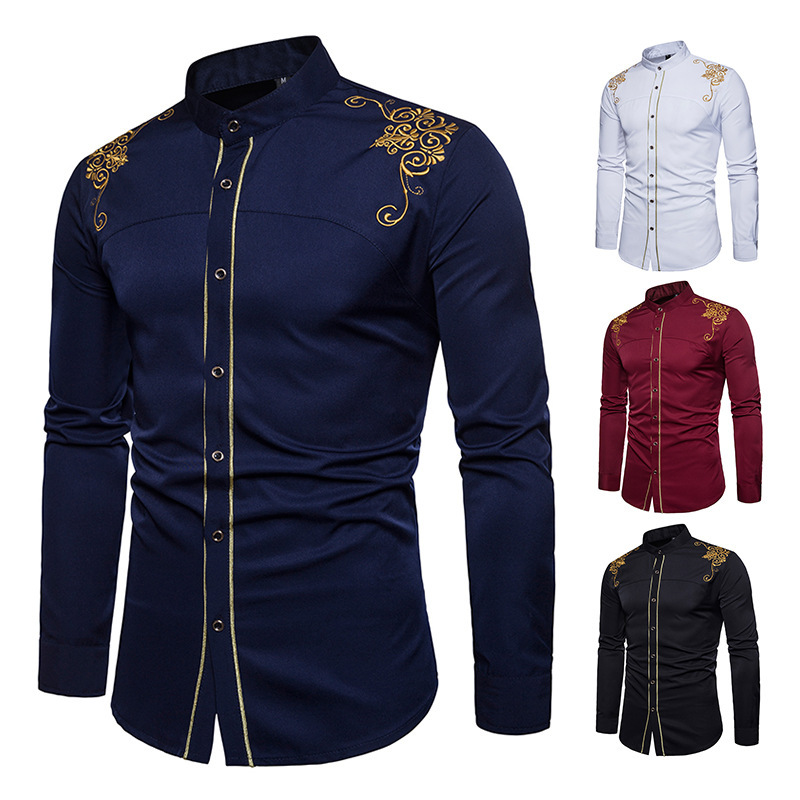 Sumitong new men's court embroidery slim long sleeve shirt men's spring and autumn casual shirt European inch shirt