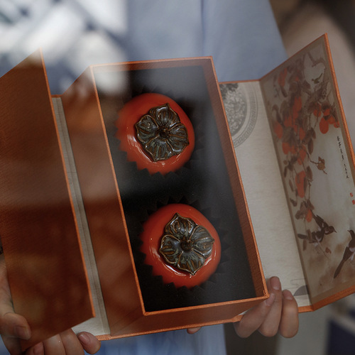 Gift box creative ceramic persimmon tea jar sealed jar small engraved persimmon Ruyi Pu'er tea warehouse home wholesale