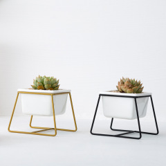 北歐 花盆陶瓷四方梯形鐵藝多肉桌面盆栽花器鐵架套裝