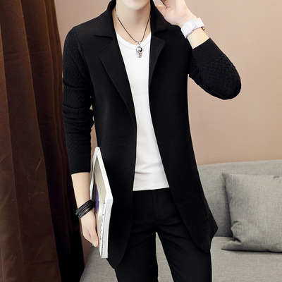 针织开衫男韩版国产修身潮流青年外穿翻领长袖外套春秋款中长毛衣
