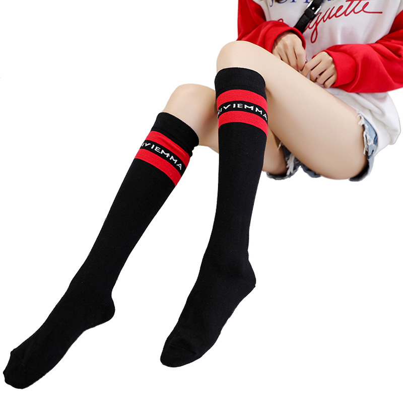 Japanese Style Knee-High Socks Cotton Jacquard Letter Horizontal Strip Piled Academic Style Half Socks Mid-Long Trendy Sports Cuff Socks for Women