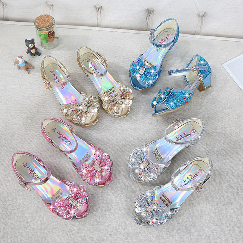 Ice and Snow Dream Girls' High Heels Children's Princess Sandals with Bow and Crystal Heels