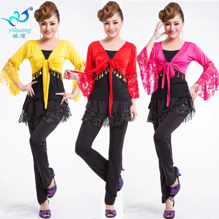 Квадратный танец брюки с пайетками костюм с роговыми рукавами шаль танцевальная одежда костюм для выступлений одежда для латинских танцев