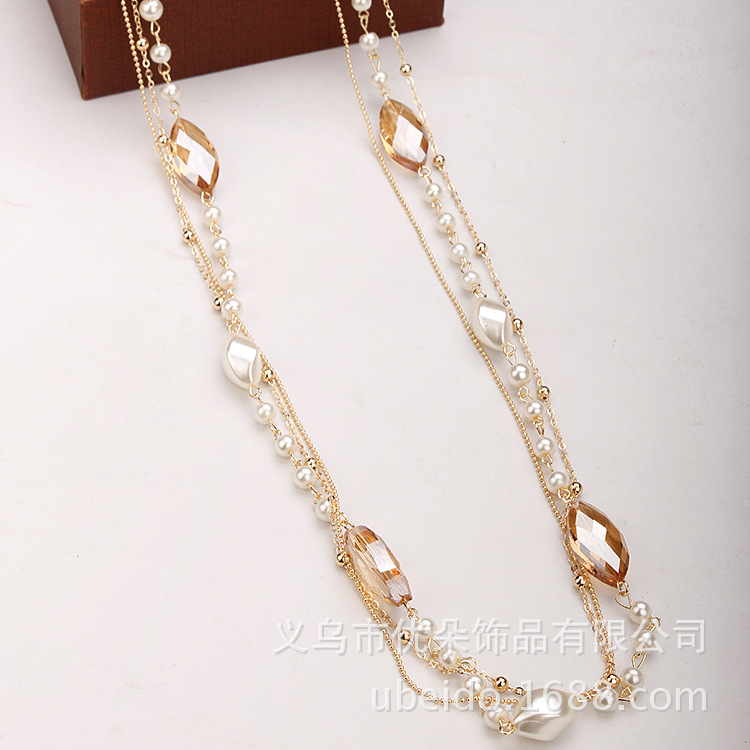 珍珠项链长款韩国时尚百搭个性多层马眼水晶挂链毛衣链挂件装饰品