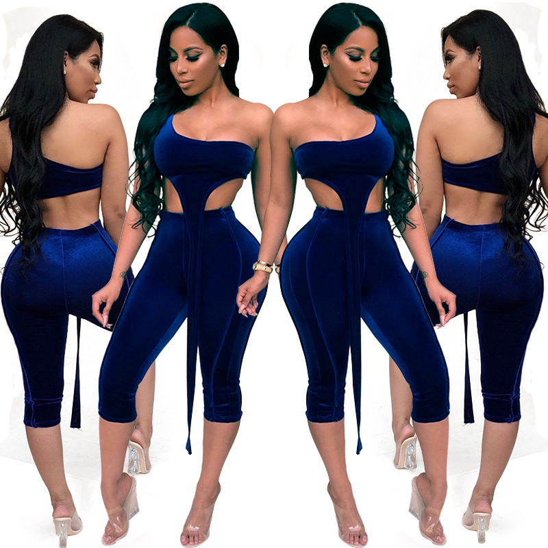 Sexy Sleeveless Tube Hollow Top & Pants Velvet 2-Piece Set Al Por Mayor NSXYZ100464