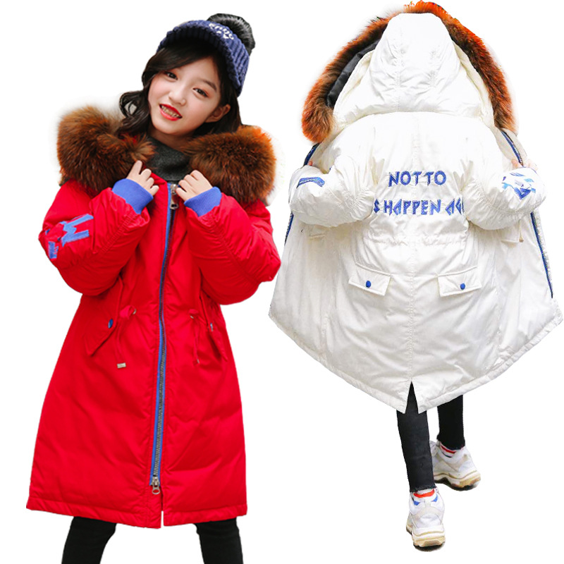 Down Boy 2018 Korean Edition Hair collar girl Down Jackets Mid length version children Down Jackets english Embroidery thickening