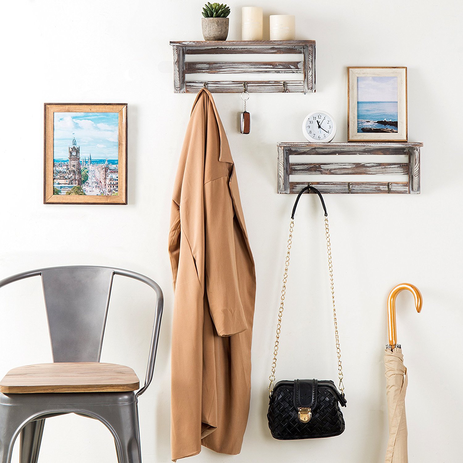 现代简约竹制墙上玄关处客厅卧室做旧款免打孔木制壁挂式置物架|ms