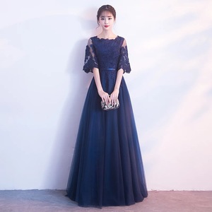 Navy lace evening dresses for women female  Annual party banquet model show dress banquet elegant party host slim long dress