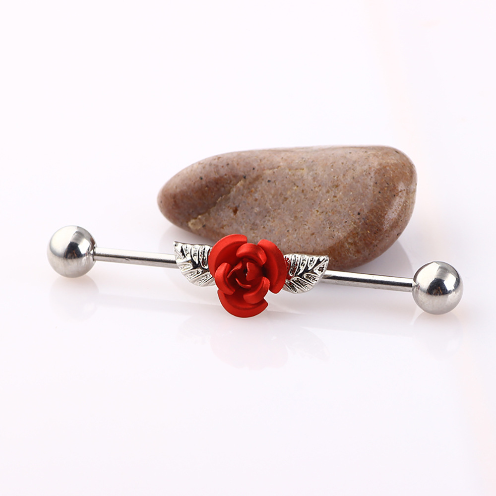Rose Gold Long Ear Studs Flower Design Cartilage Earring Industrial Barbell Tongue Nail Piercing Jewelry detail image 8