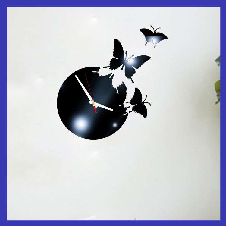 厂家批发diy亚克力现代简约欧式创意镜面蝴蝶飞个性挂钟装饰