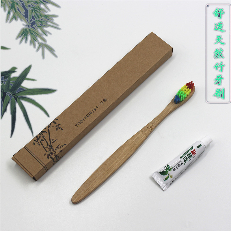 跨境竹炭软毛酒店一次性牙刷两面针牙膏套餐牛皮纸盒装竹制竹牙刷|ms