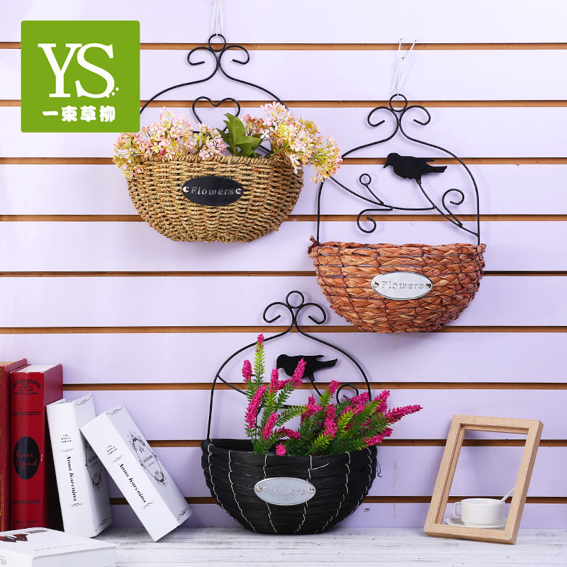 现货供应木丝草绳塑编挂墙蓝绿植多肉挂墙花篮多种规格挂墙花盆