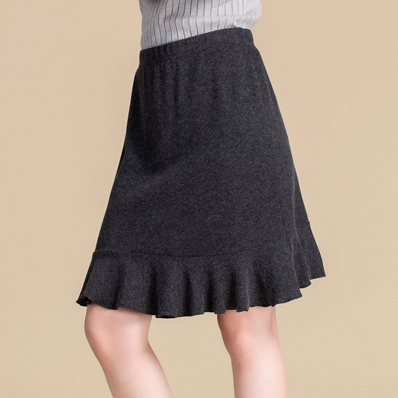 Womens High Waisted A Line Skirt Spring Season Silk Cashmere Blend Thick Warm Fabric Ruffle Hem Black Wholesale
