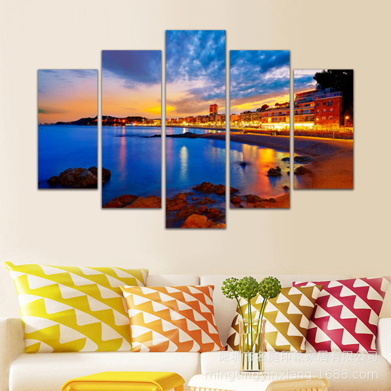 外贸热卖画芯 黄昏城市景色五联拼画 家居客厅卧室办公装饰画墙画