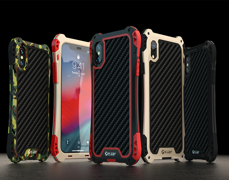 R-Just Amira Heavy Duty Dirtproof Shockproof Rainproof Aluminum Metal Bumper Carbon Fiber Back Cover Case for Apple iPhone XS Max & iPhone XR & iPhone XS