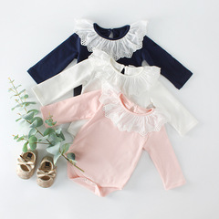 INS Spring 2023 New Girl Baby Bodysuit with Lace Collar, Romper for Infants and Toddlers, Cotton Long Sleeve Onesie for Crawling