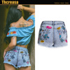 Embroidered three-dimensional flower high waist slim denim shorts