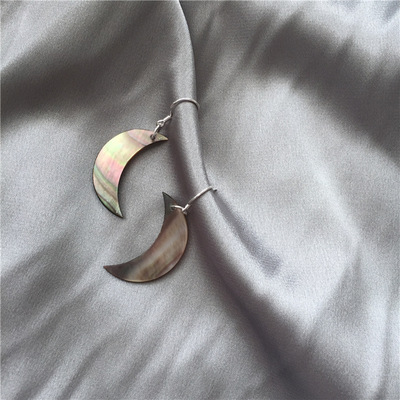 手作s925银个性简约复古黑蝶贝壳月亮耳环耳钉耳坠无耳洞耳夹女|ms