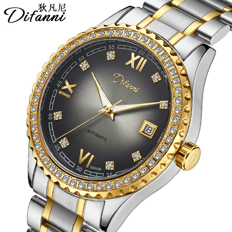 狄凡尼品牌瑞士镶钻渐变色表面全自机械表精钢表带防水高档男手表|ms