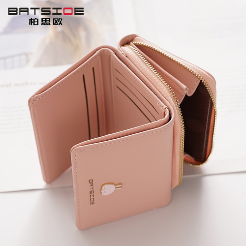 BATSIOE new Korean style square women's wallet 3-fold multi-functional card holder buckle zipper cartoon coin purse