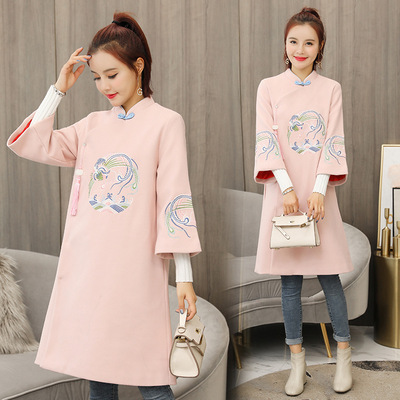 民国改良旗袍外套2018秋冬新款中国风汉服古风大衣中长款毛呢刺绣|ru