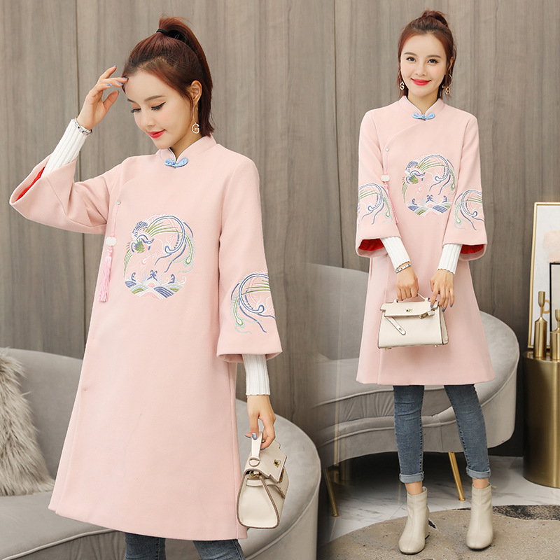 民国改良旗袍外套2018秋冬新款中国风汉服古风大衣中长款毛呢刺绣|ru