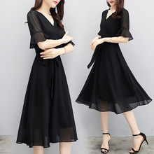 2020夏季新款黑色雪紡連衣裙時尚女裝長款顯瘦氣質v領赫本小黑裙