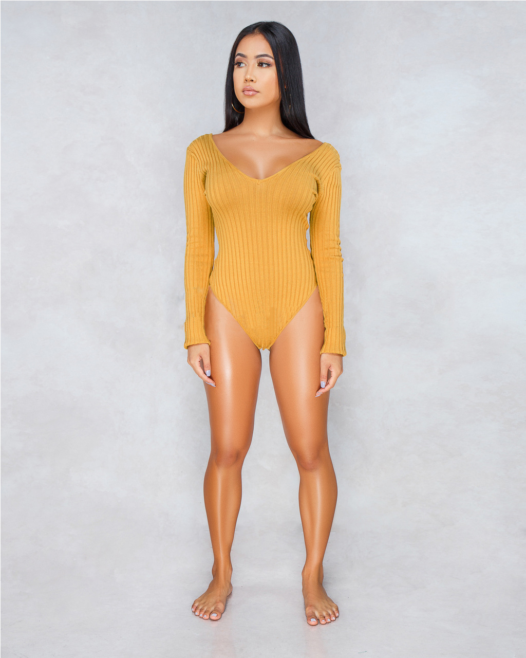 fashion sexy deep V-neck long-sleeved pit strip bodysuit NSSJW58920