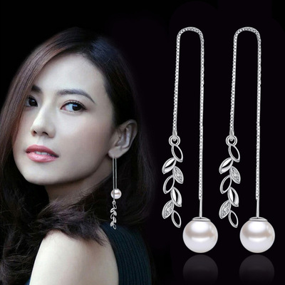 Decorated square Silver Leaves Ear line Korean Edition have more cash than can be accounted for tassels fresh lady Earrings Earrings Manufactor Direct selling
