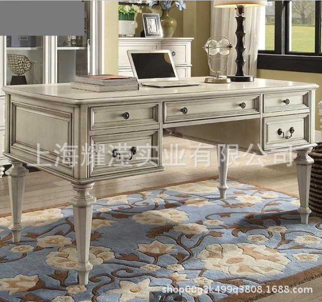 American-style solid wood desk and chair customized furniture vintage distressed with drawer storage study table children oak desk and chair