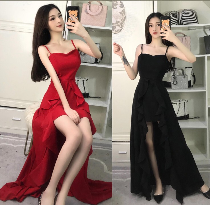 Korean-style Elegant Bride Toasting Suit Low-cut Strap Backless Slim-fit Ruffled Irregular Dovetail Dress