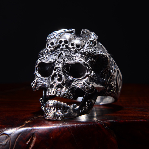 Cross-border jewelry European and American retro men's ring punk dark double dragon pattern skull index finger ring foreign trade jewelry