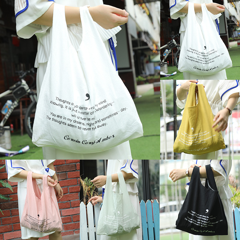 Clearance Solid Color Letter Cotton and linen Fabric Shopping Bag Tote Bag Vest Canvas Bag Literary Style Environmental Bag Summer Simple