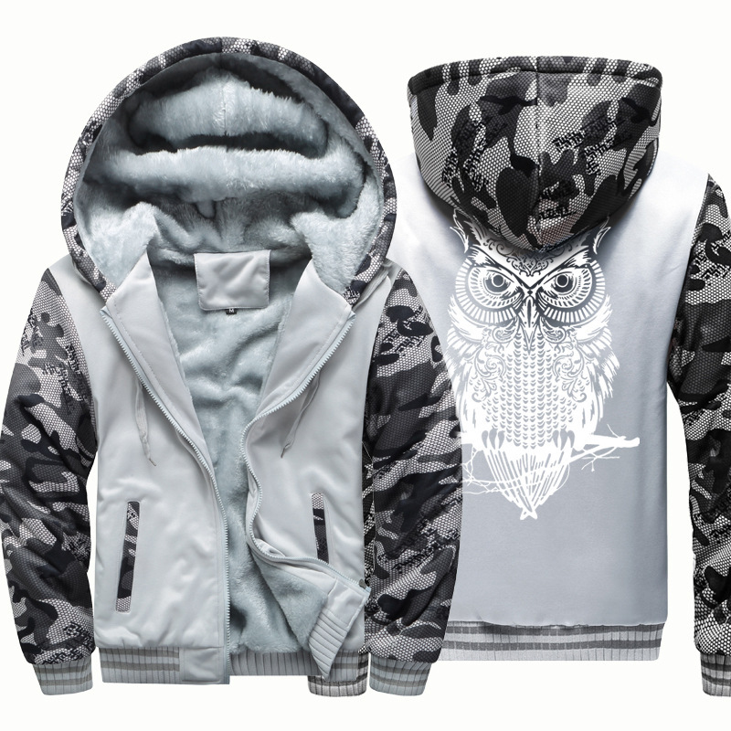 Free shipping autumn and winter fleece-lined thick warm coat men's trendy youth cardigan owl printed sweater hooded shipping