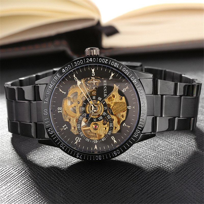 Nuevo reloj mecánico de correa de acero casual para hombres de ganador de T automático hueco transparente inferior reloj de negocios para hombres