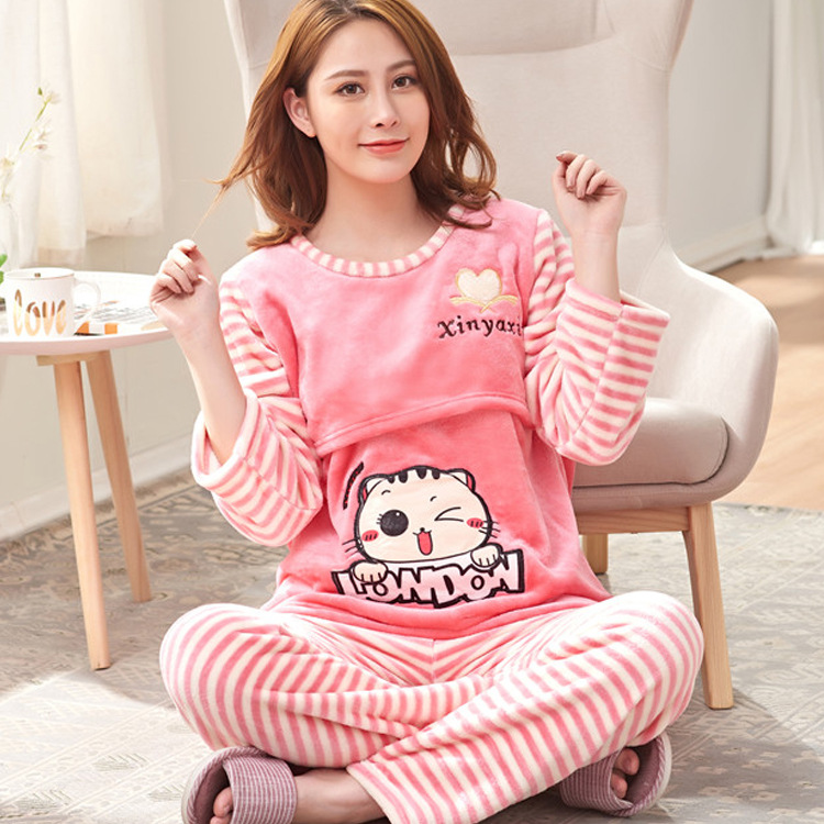 冬季新品法兰绒长袖女士月子服睡衣孕妇产前后哺乳喂奶家居服套装