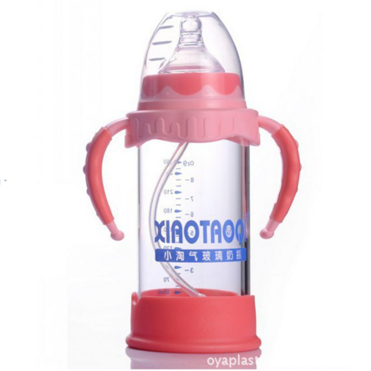Naughty 260ML mango de color de calibre ancho botella de alimentación de vidrio resistente a la caída automática