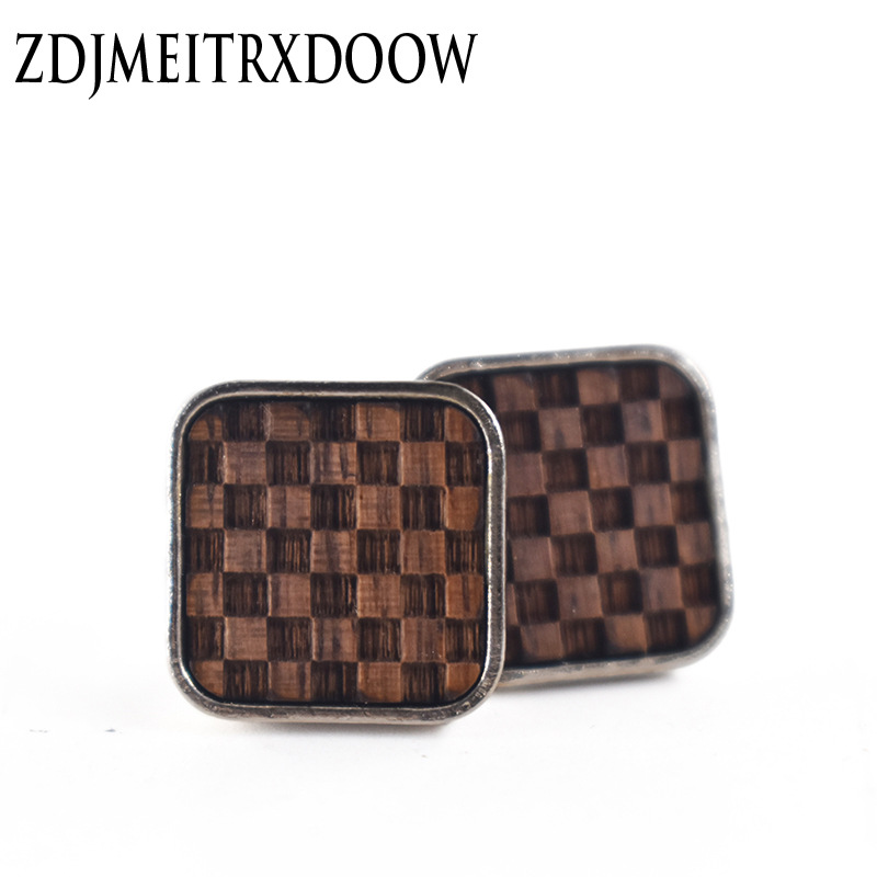16MM正方形袖扣实木黑胡桃木制作木质袖扣 法式袖扣表面雕花格子
