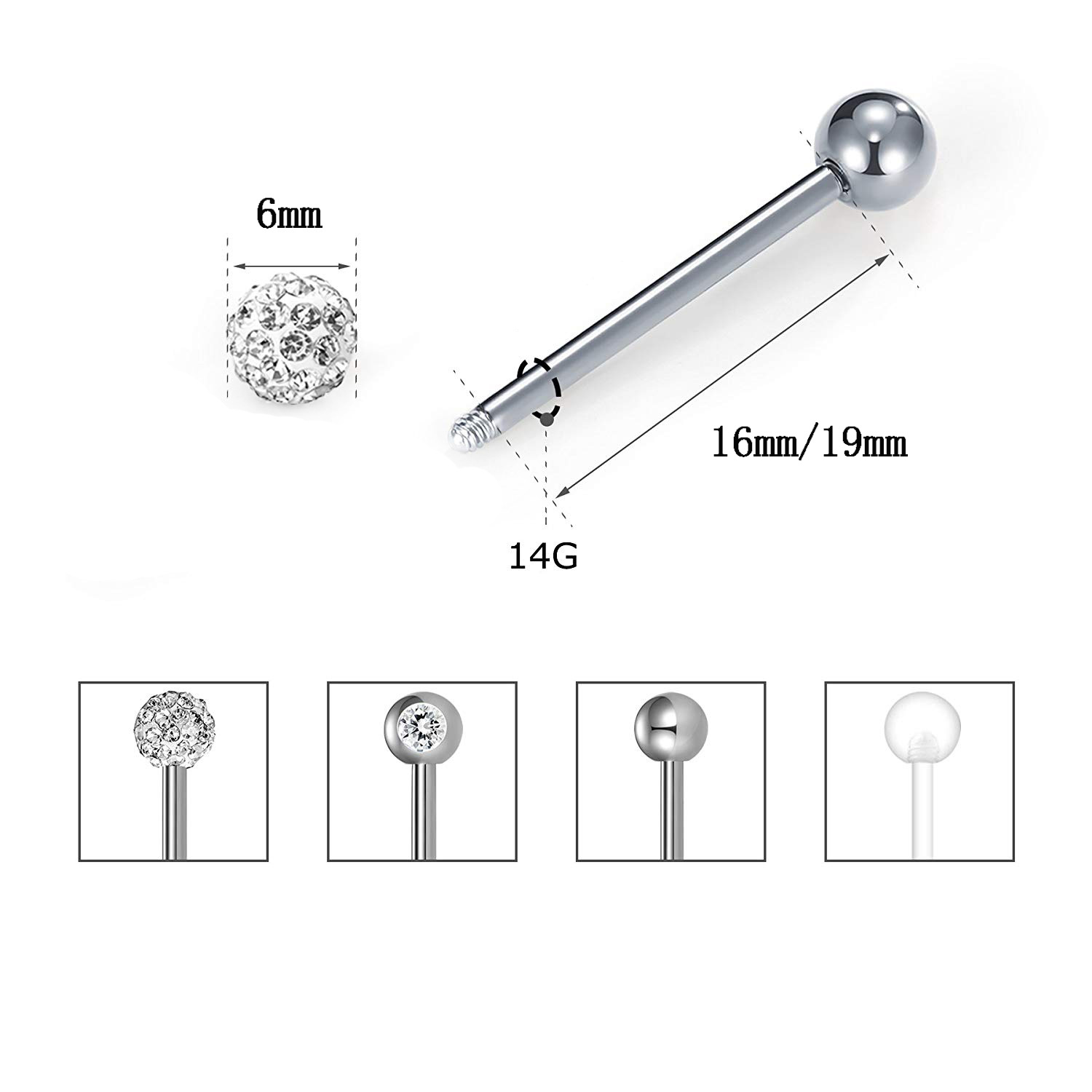 Diamantperforierter Zungennagel Edelstahl Langhantelzungenring display picture 1