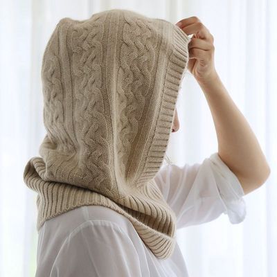 艾图雅 秋冬新款女士单色连体帽针织绞花百搭保暖韩版山羊绒帽子|ms